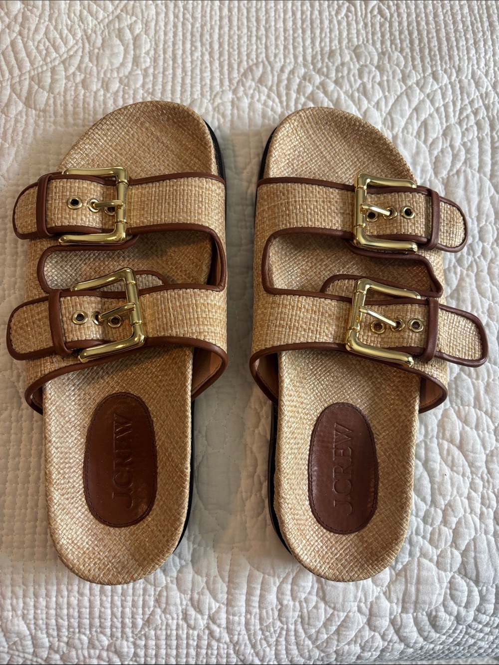 J. Crew Straw Slide Sandals with Brown Trim and Gold Buckles